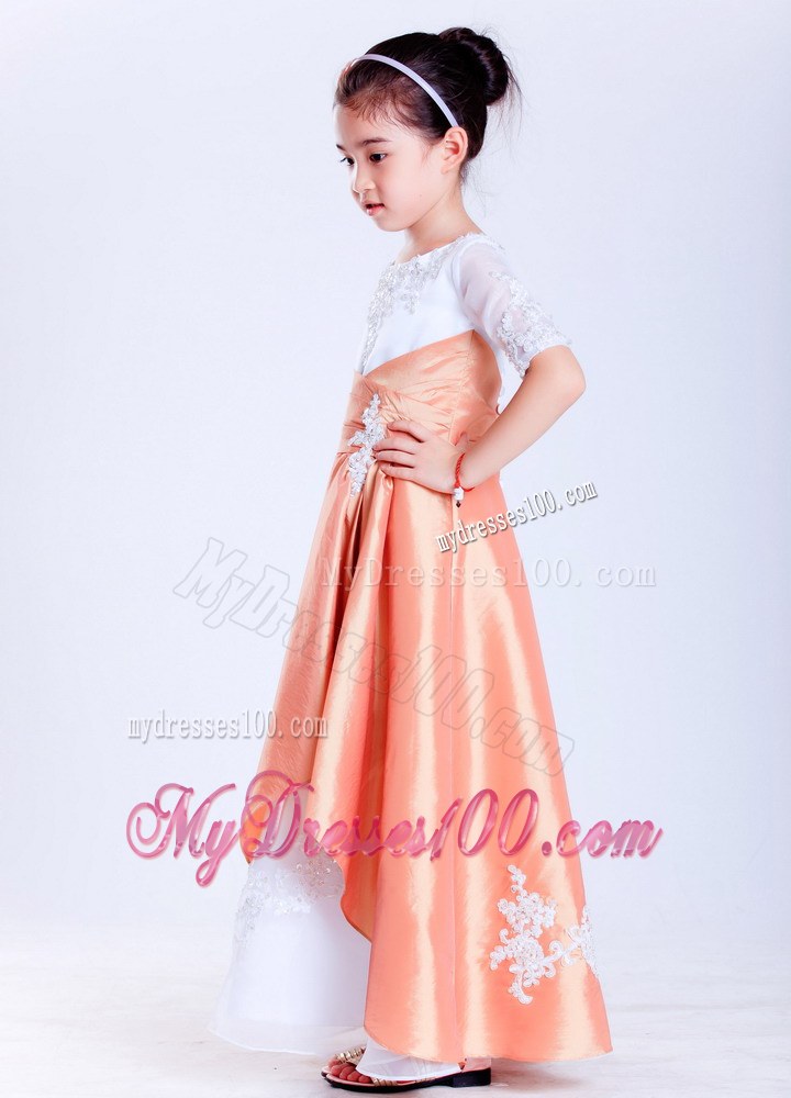White and Orange Scoop Ankle-length Appliques Flower Girl Dress