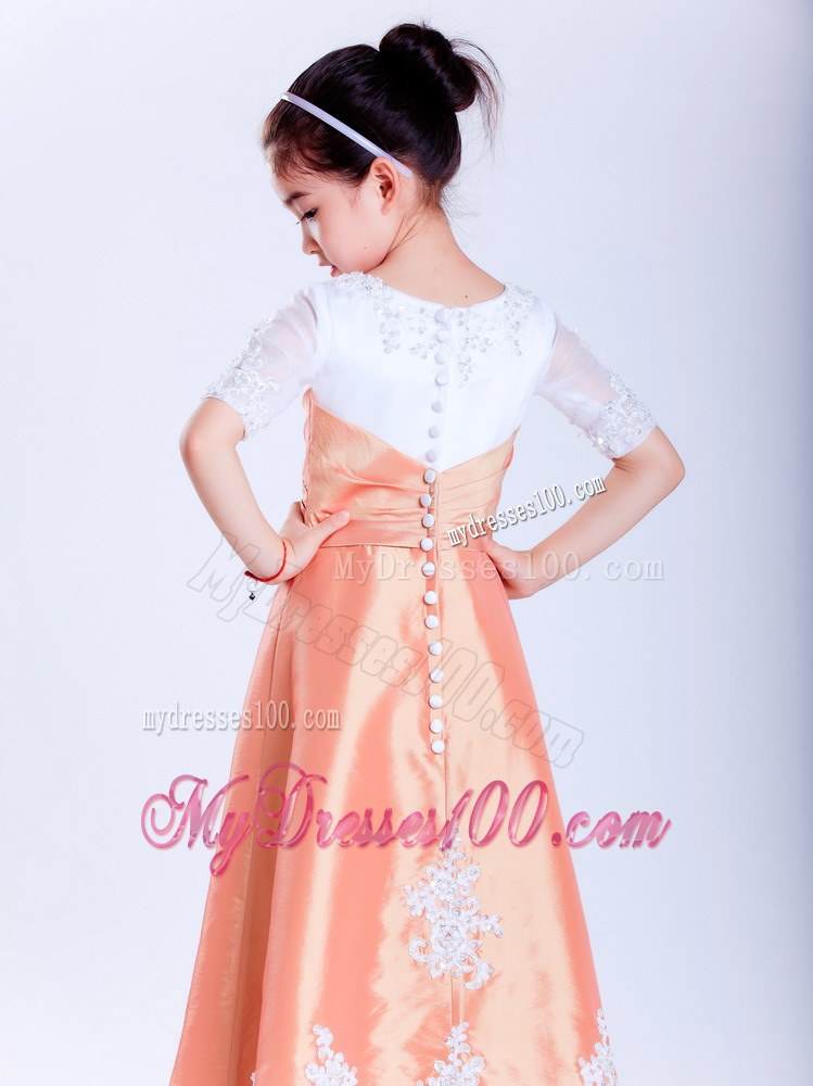 White and Orange Scoop Ankle-length Appliques Flower Girl Dress