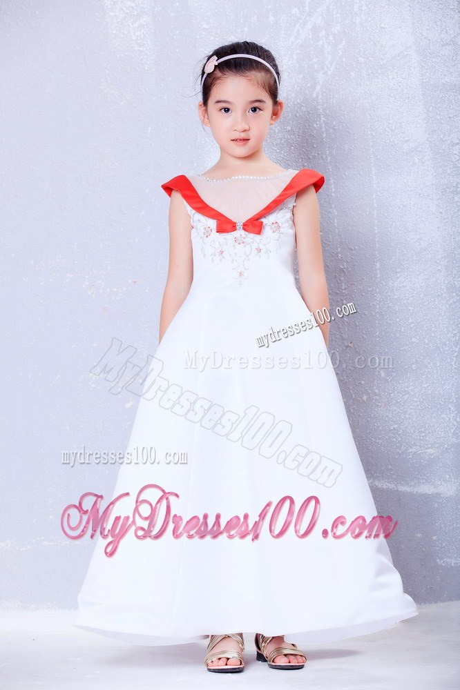 White and Red Scoop Ankle-length Embroidery Flower Girl Dress