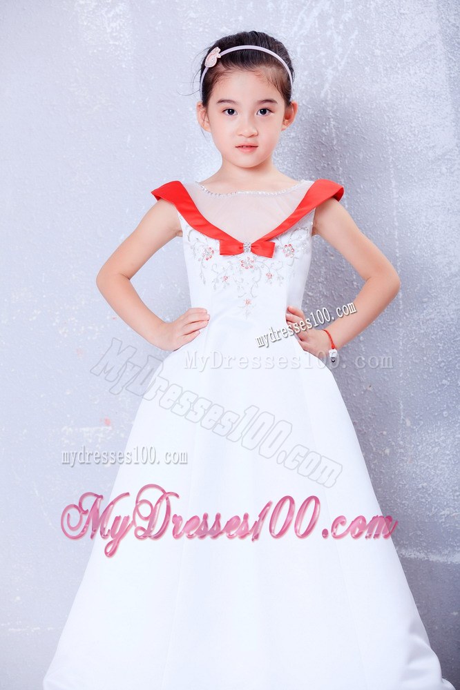 White and Red Scoop Ankle-length Embroidery Flower Girl Dress