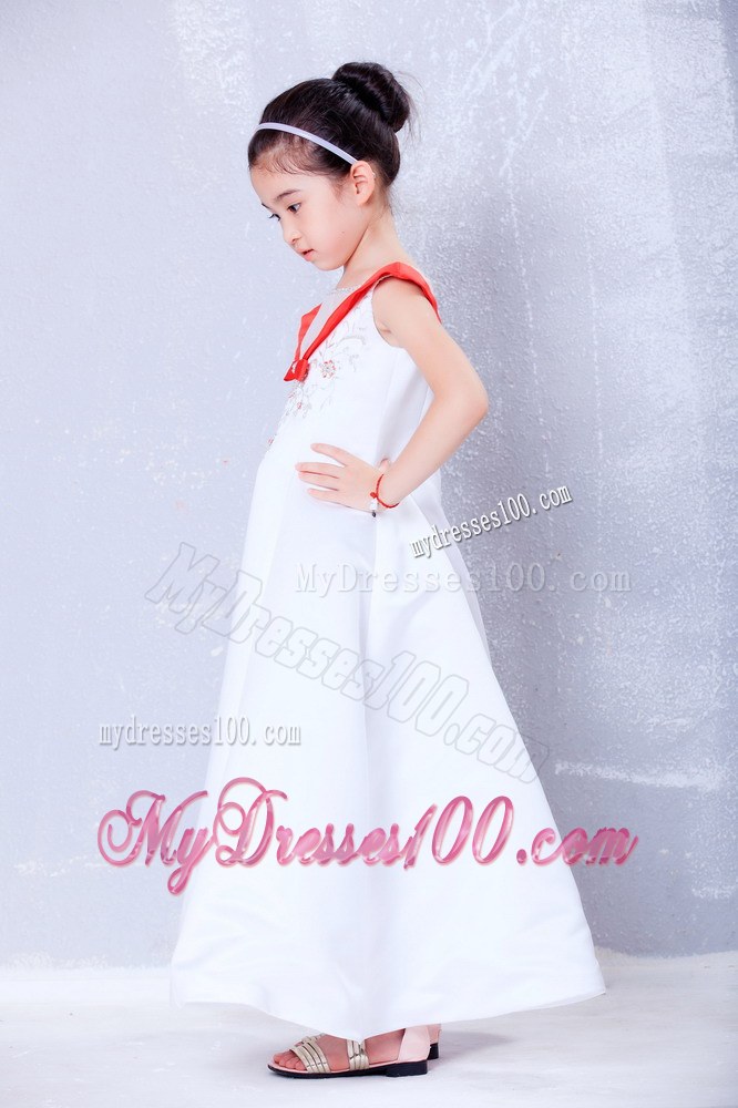 White and Red Scoop Ankle-length Embroidery Flower Girl Dress