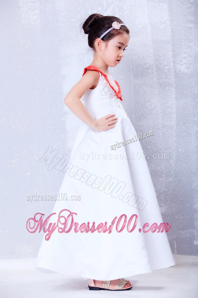 White and Red Scoop Ankle-length Embroidery Flower Girl Dress