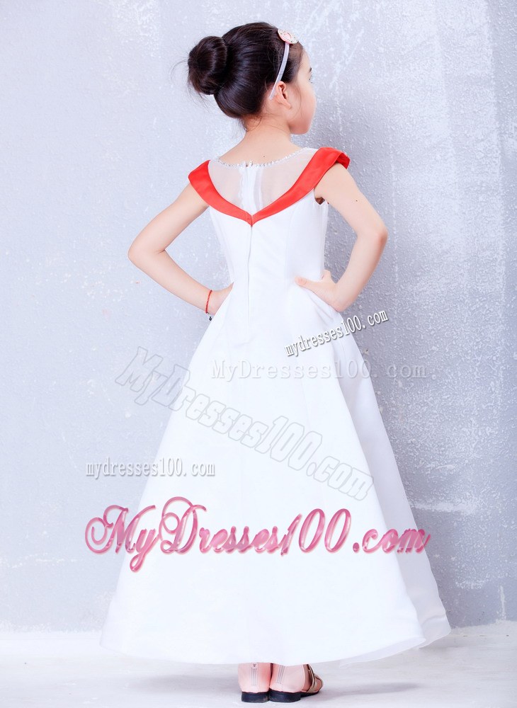 White and Red Scoop Ankle-length Embroidery Flower Girl Dress