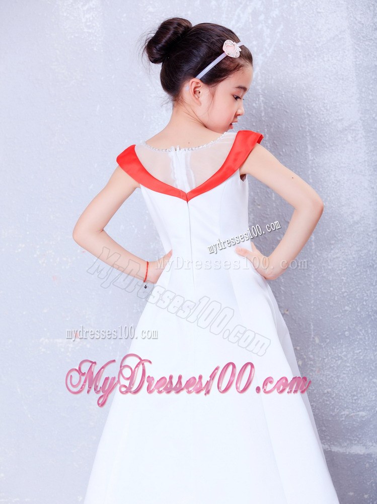 White and Red Scoop Ankle-length Embroidery Flower Girl Dress
