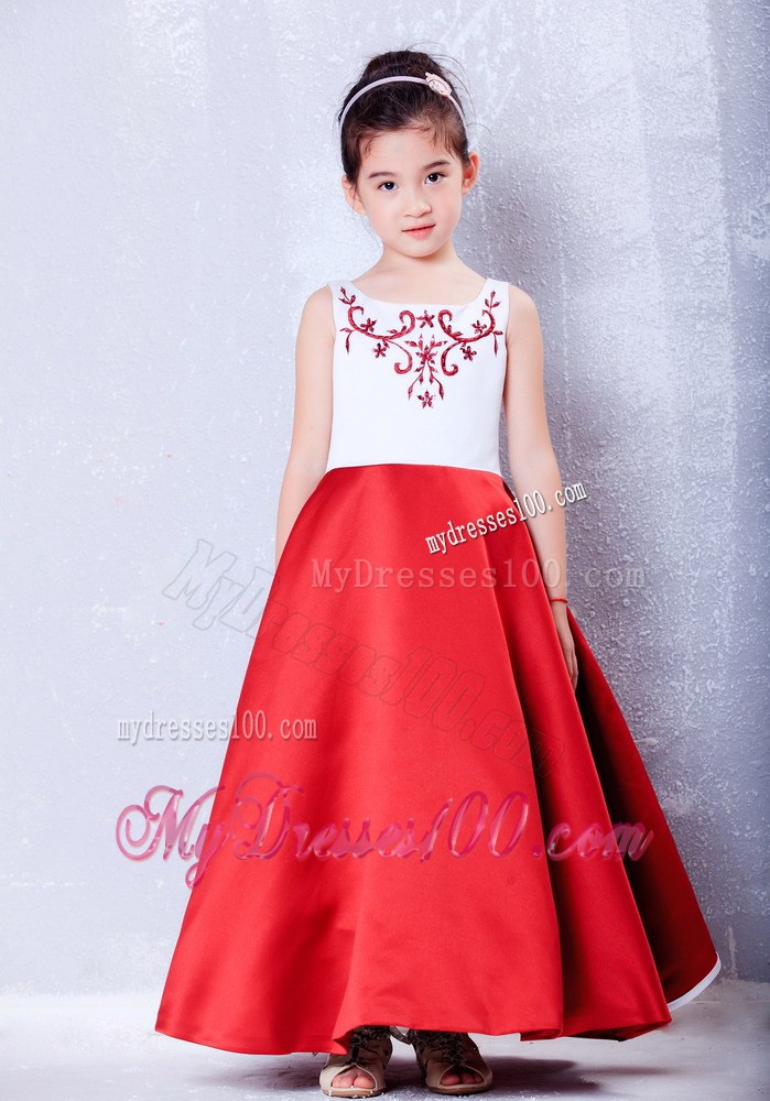 White and Red Scoop Ankle-length Embroidery Flower Girl Dress