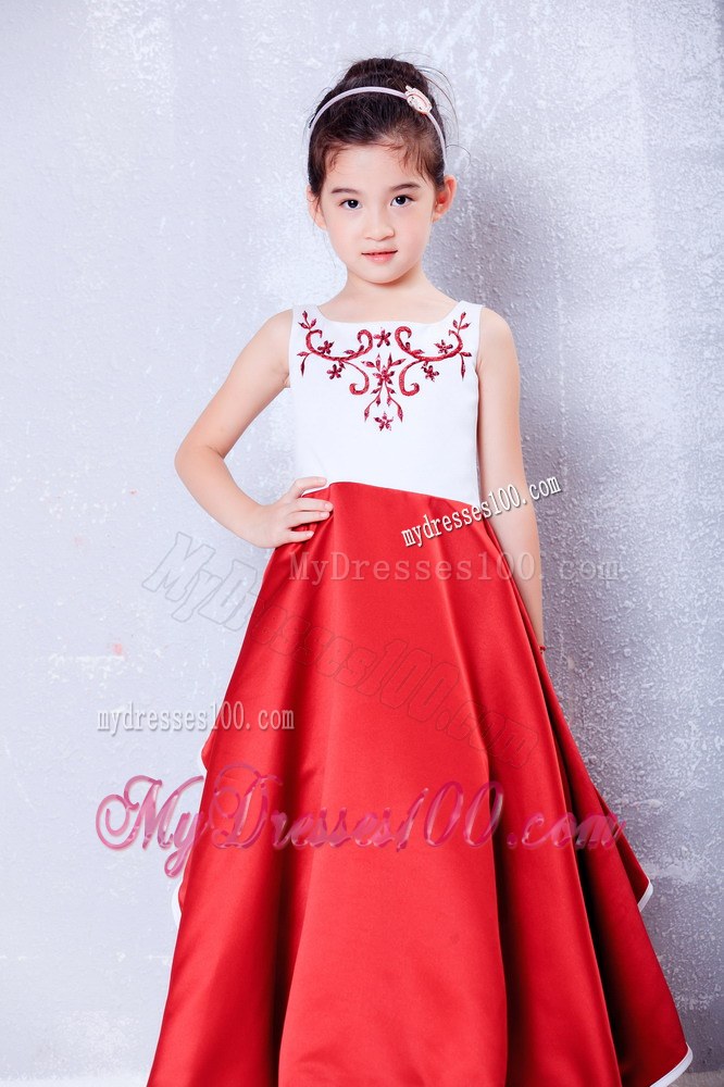 White and Red Scoop Ankle-length Embroidery Flower Girl Dress