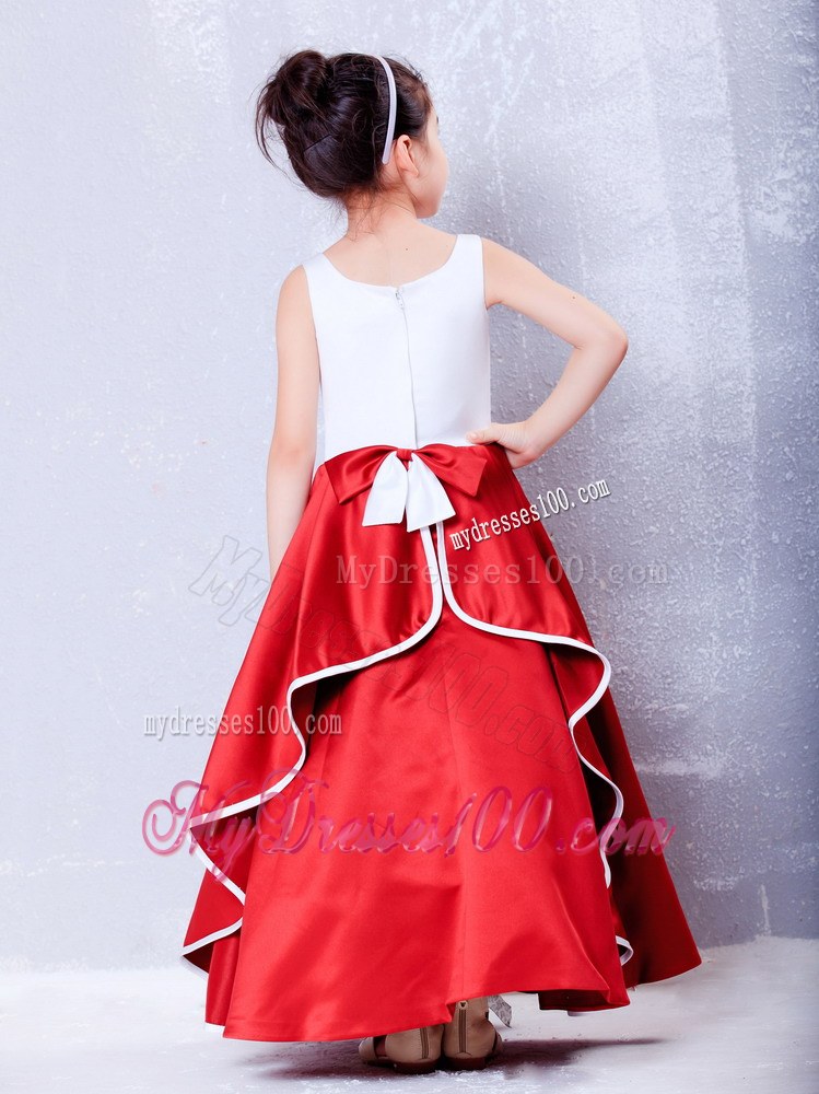 White and Red Scoop Ankle-length Embroidery Flower Girl Dress