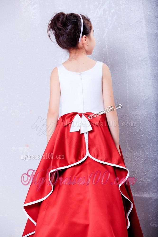 White and Red Scoop Ankle-length Embroidery Flower Girl Dress