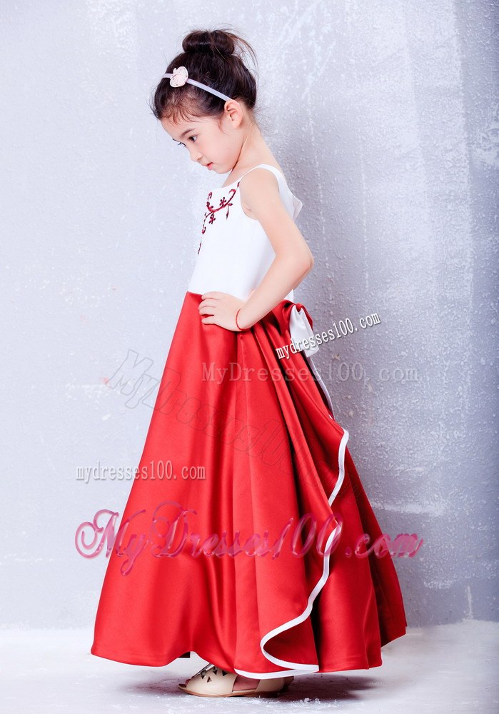 White and Red Scoop Ankle-length Embroidery Flower Girl Dress