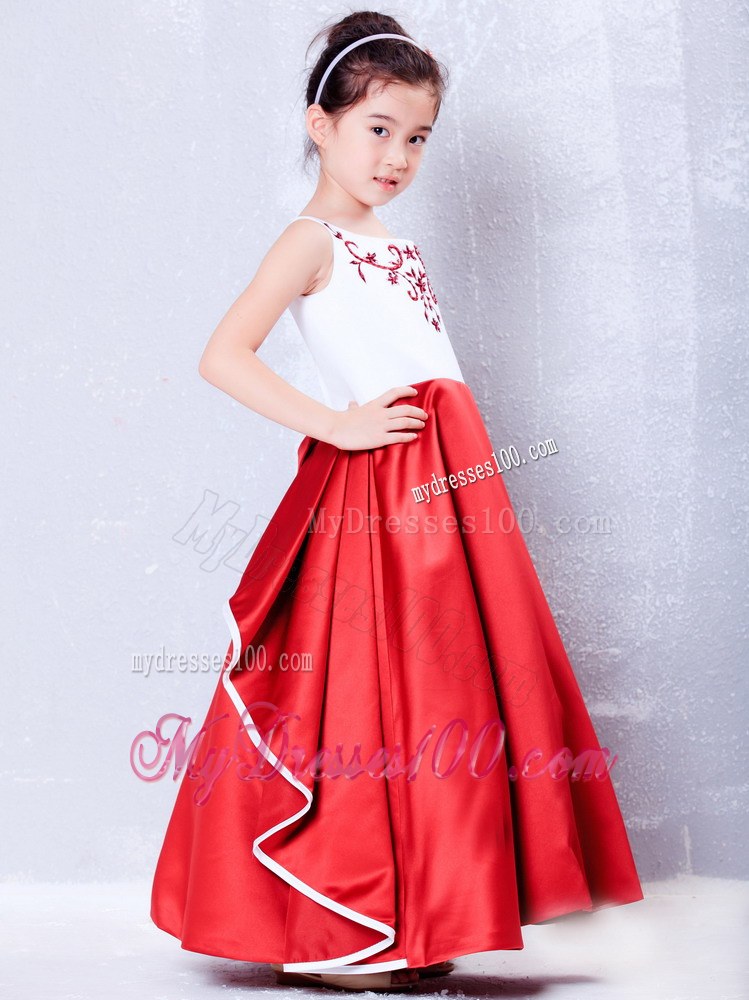 White and Red Scoop Ankle-length Embroidery Flower Girl Dress