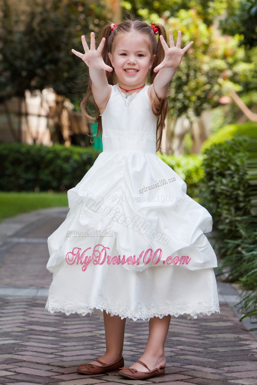 White V-neck Tea-length Lace Pick-ups Flower Girl Dress