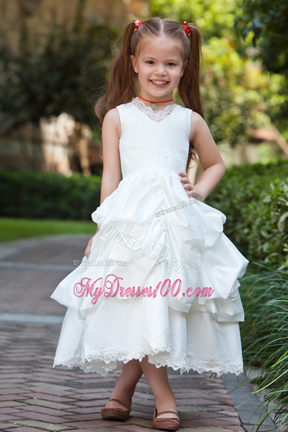 White V-neck Tea-length Lace Pick-ups Flower Girl Dress