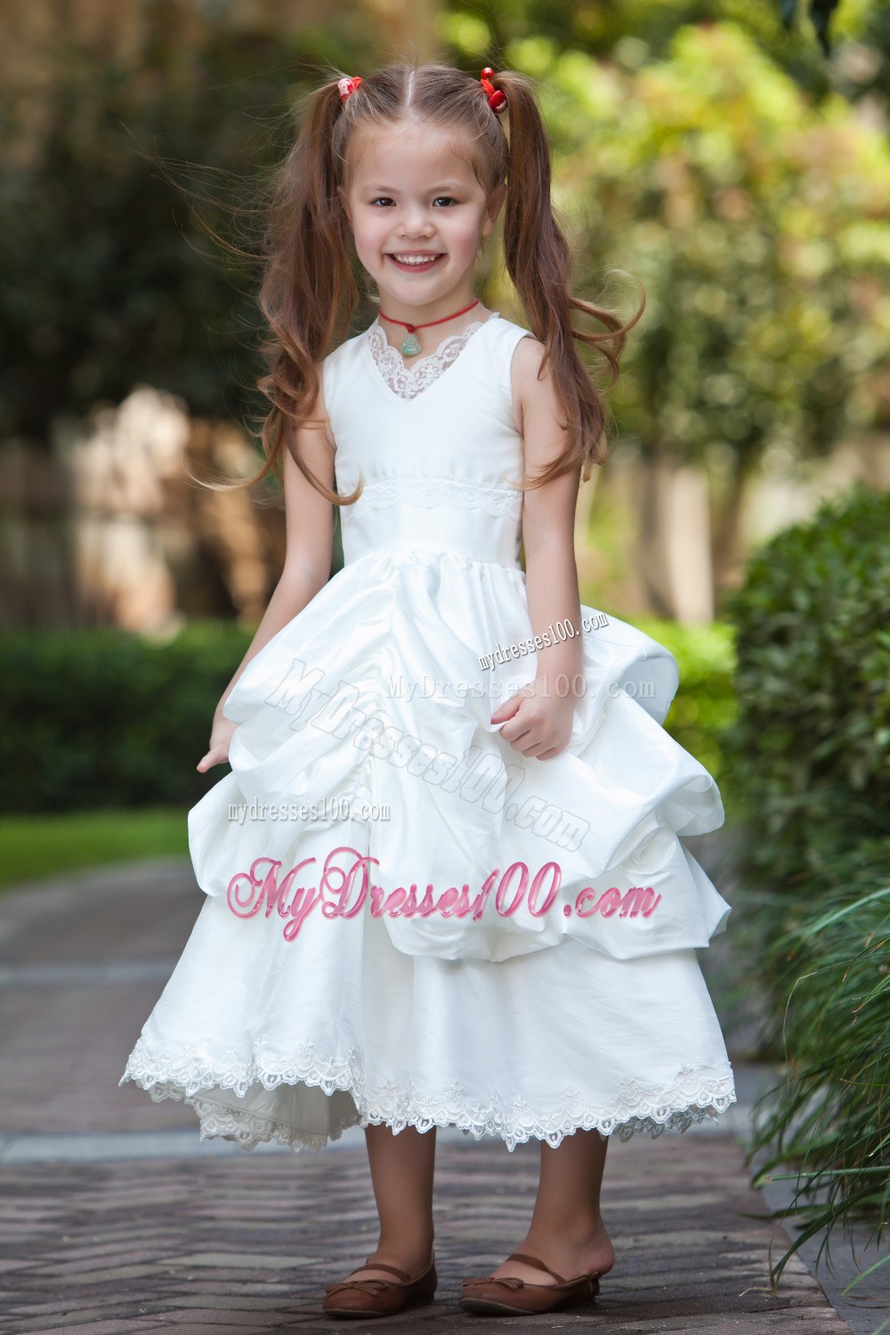 White V-neck Tea-length Lace Pick-ups Flower Girl Dress