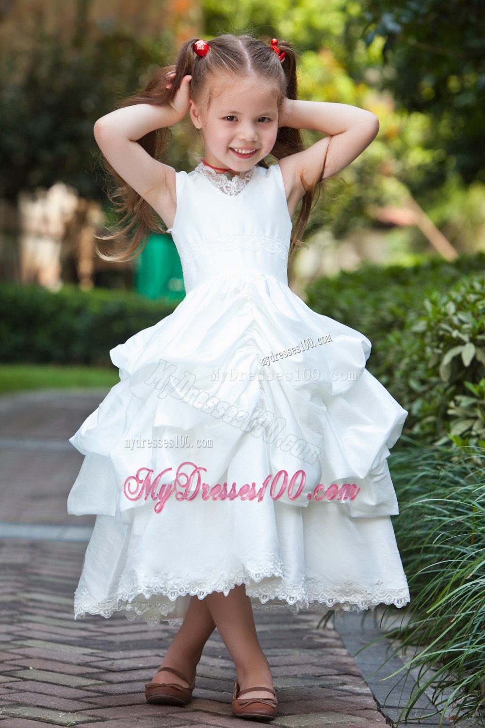 White V-neck Tea-length Lace Pick-ups Flower Girl Dress