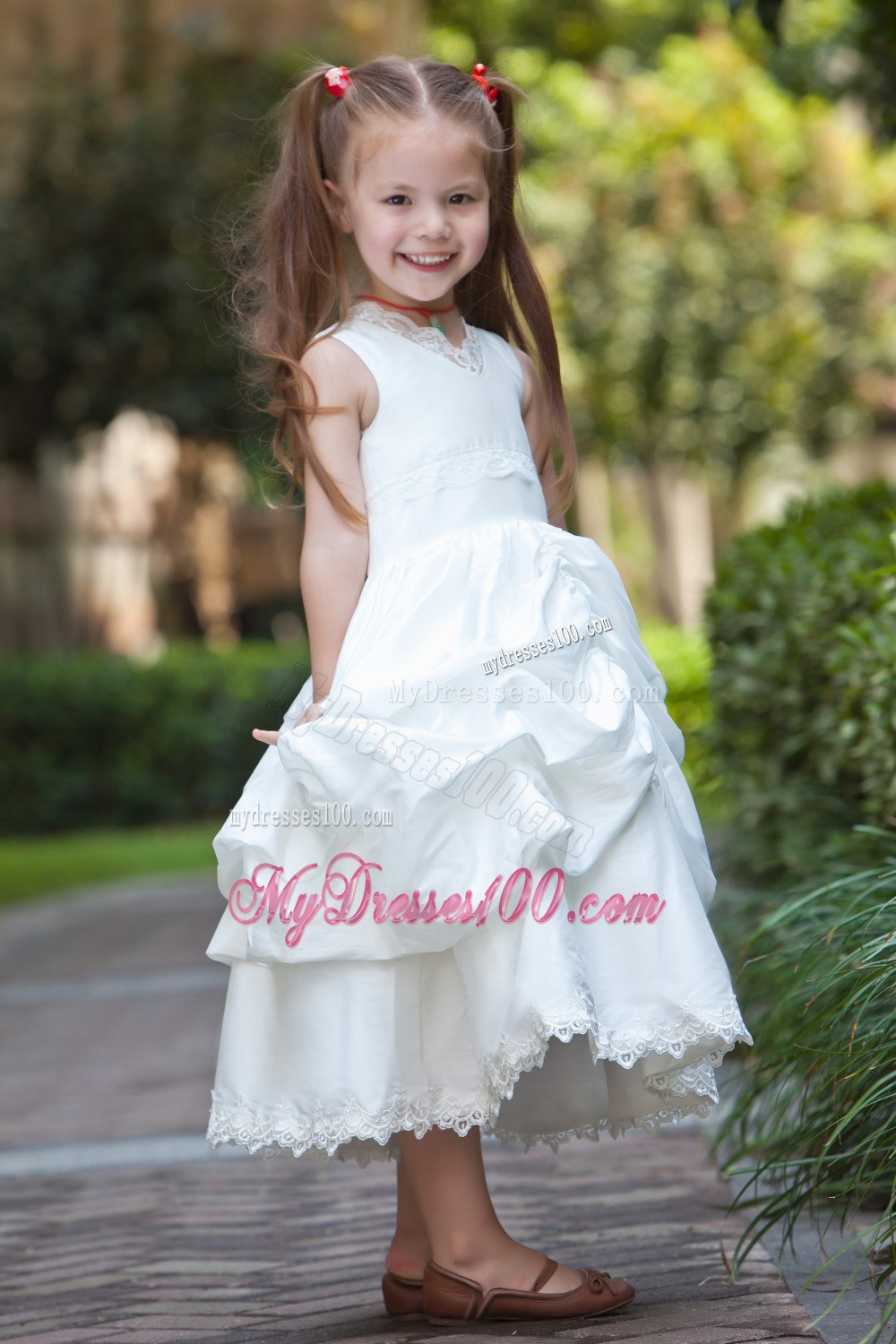 White V-neck Tea-length Lace Pick-ups Flower Girl Dress
