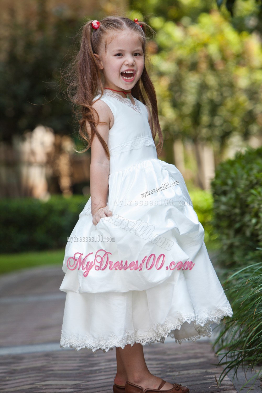 White V-neck Tea-length Lace Pick-ups Flower Girl Dress