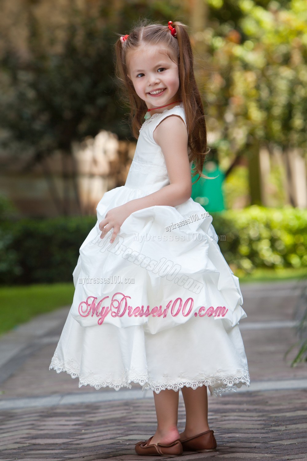 White V-neck Tea-length Lace Pick-ups Flower Girl Dress
