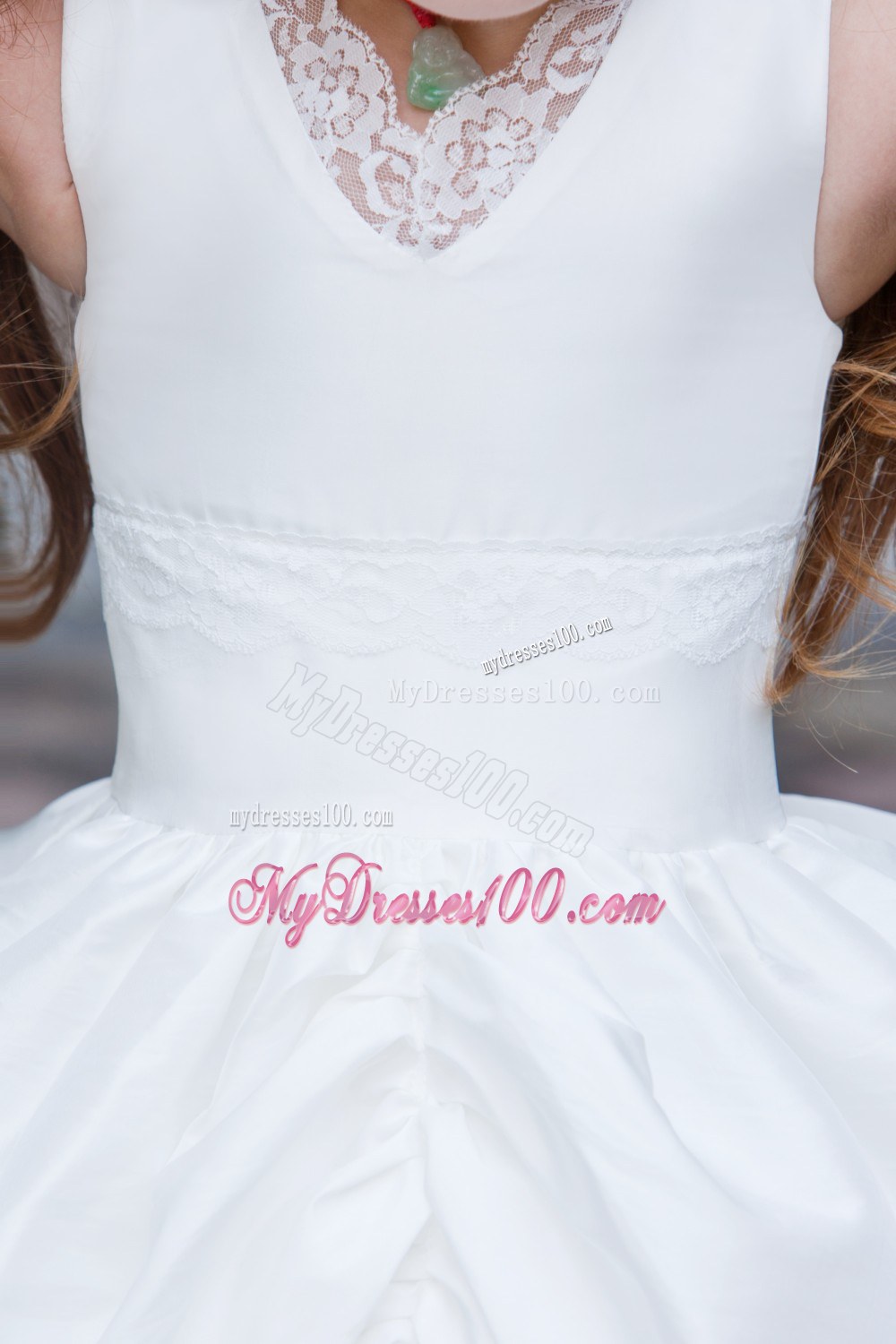 White V-neck Tea-length Lace Pick-ups Flower Girl Dress
