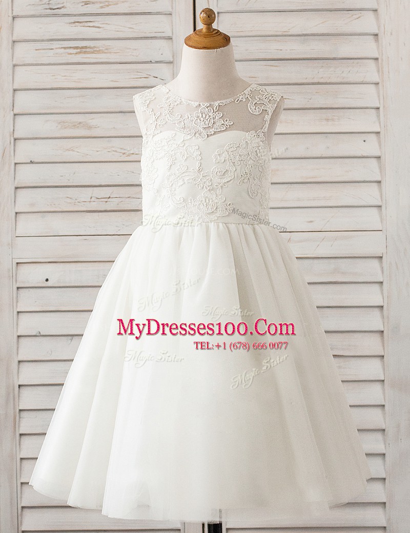 Scoop White Sleeveless Floor Length Lace Clasp Handle Flower Girl Dresses for Less