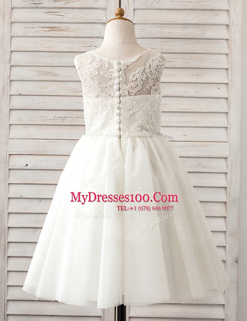 Scoop White Sleeveless Floor Length Lace Clasp Handle Flower Girl Dresses for Less