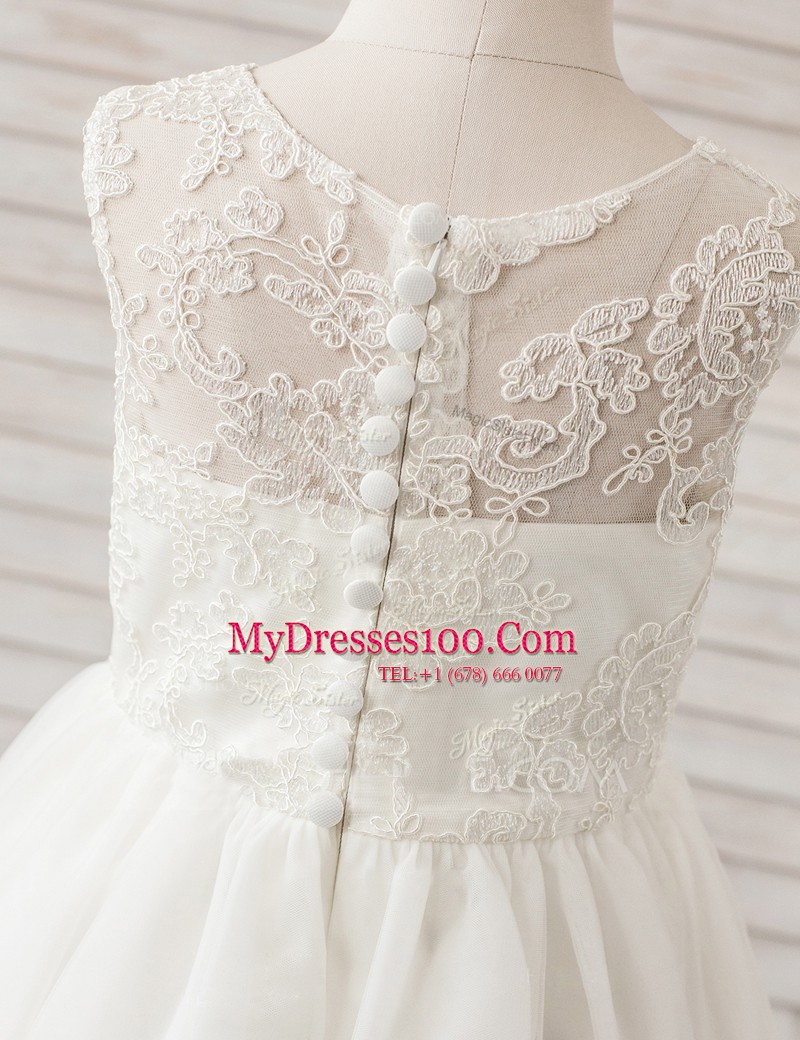 Scoop White Sleeveless Floor Length Lace Clasp Handle Flower Girl Dresses for Less
