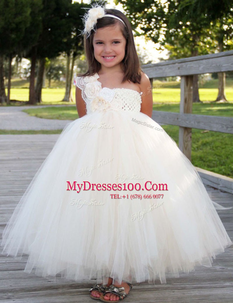 White One Shoulder Zipper Hand Made Flower Flower Girl Dresses Sleeveless