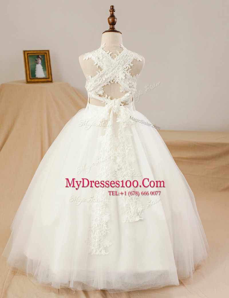 Floor Length White Toddler Flower Girl Dress Tulle Sleeveless Lace and Appliques