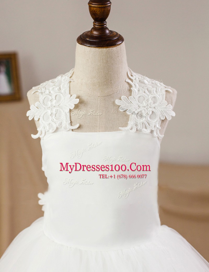 Floor Length White Toddler Flower Girl Dress Tulle Sleeveless Lace and Appliques