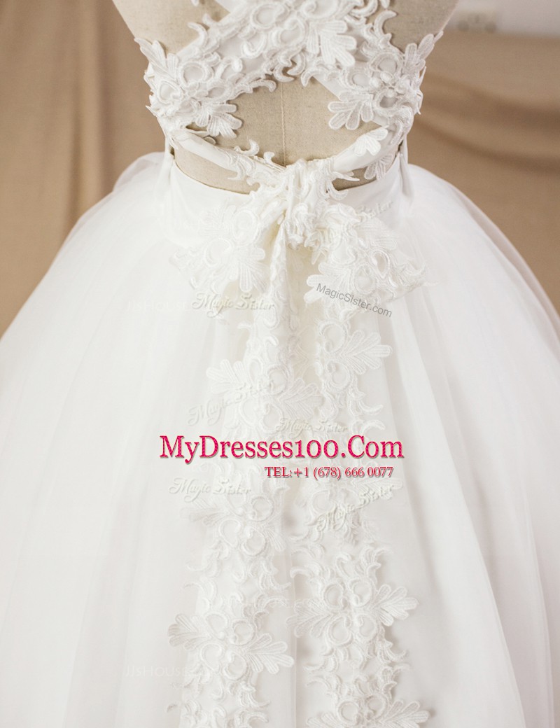 Floor Length White Toddler Flower Girl Dress Tulle Sleeveless Lace and Appliques