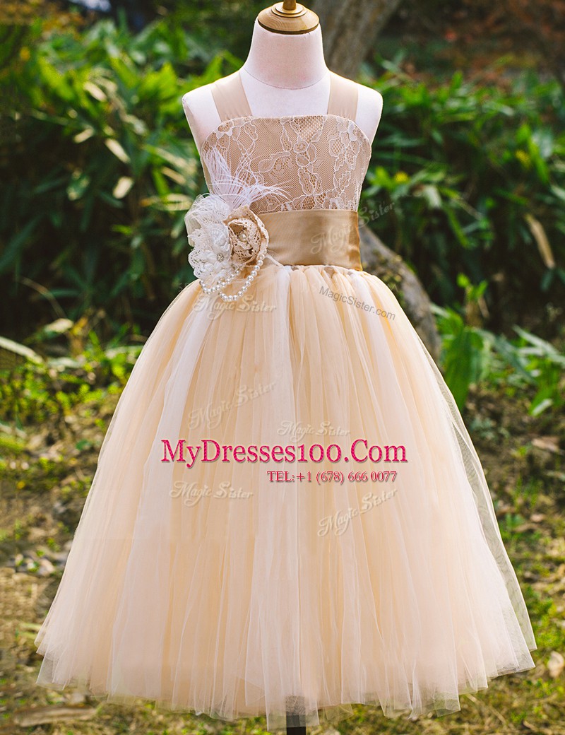 Champagne Sleeveless Lace Floor Length Flower Girl Dress