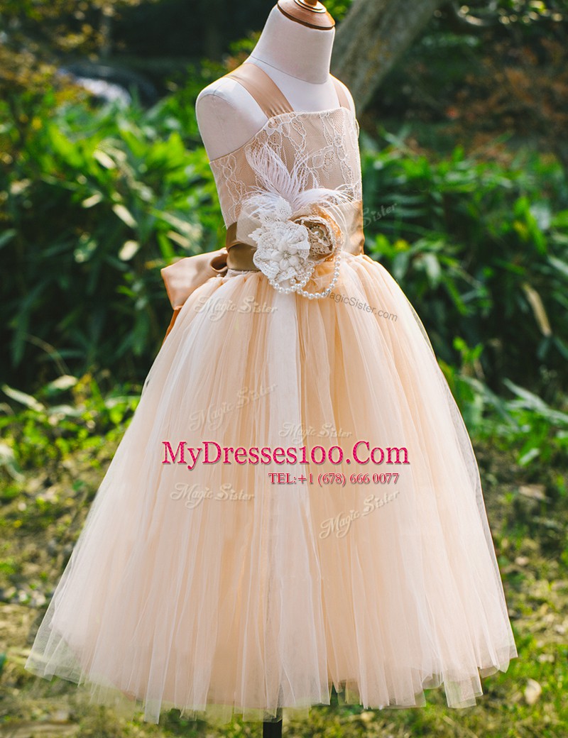 Champagne Sleeveless Lace Floor Length Flower Girl Dress
