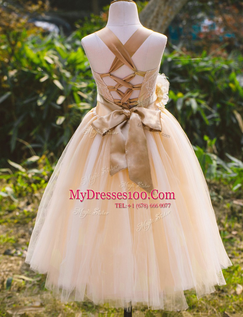 Champagne Sleeveless Lace Floor Length Flower Girl Dress