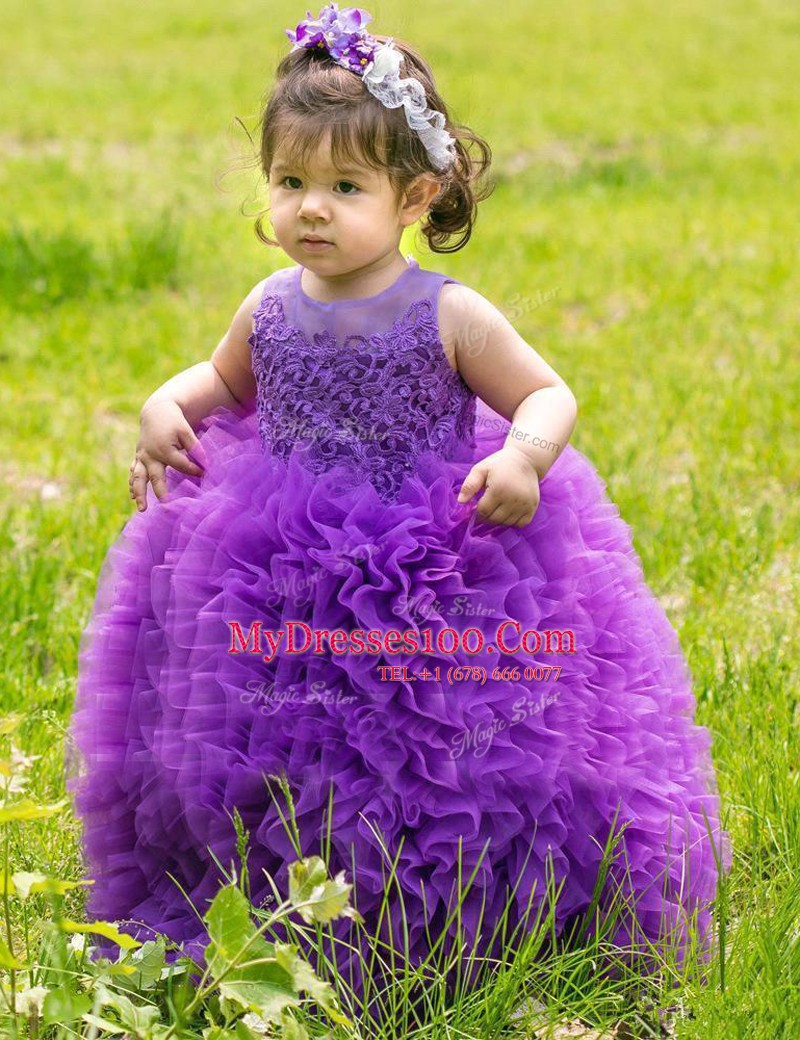 Scoop Floor Length Lavender Flower Girl Dresses Organza Sleeveless Lace and Ruffles