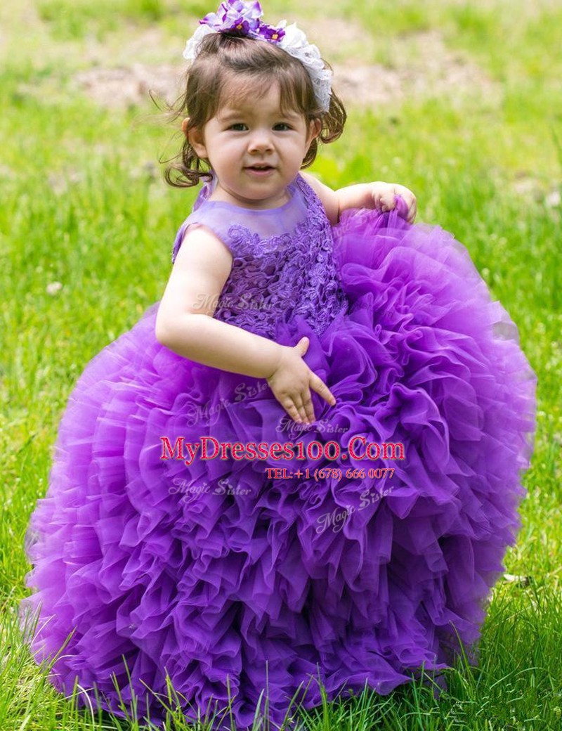 Scoop Floor Length Lavender Flower Girl Dresses Organza Sleeveless Lace and Ruffles