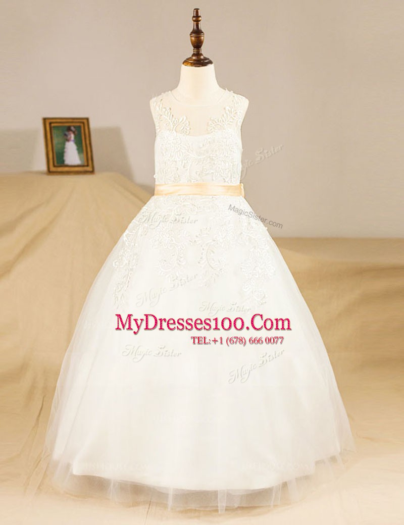 White Tulle Zipper Scoop Sleeveless Floor Length Flower Girl Dresses for Less Lace and Sashes ribbons