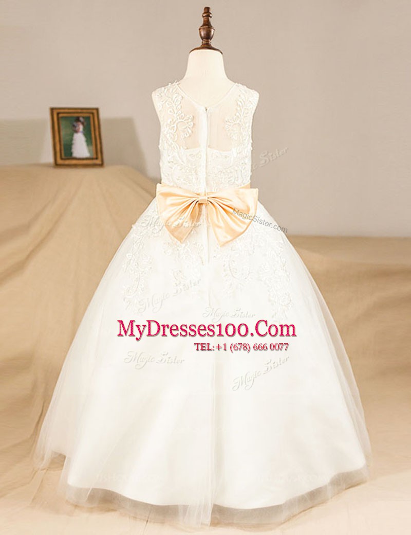 White Tulle Zipper Scoop Sleeveless Floor Length Flower Girl Dresses for Less Lace and Sashes ribbons