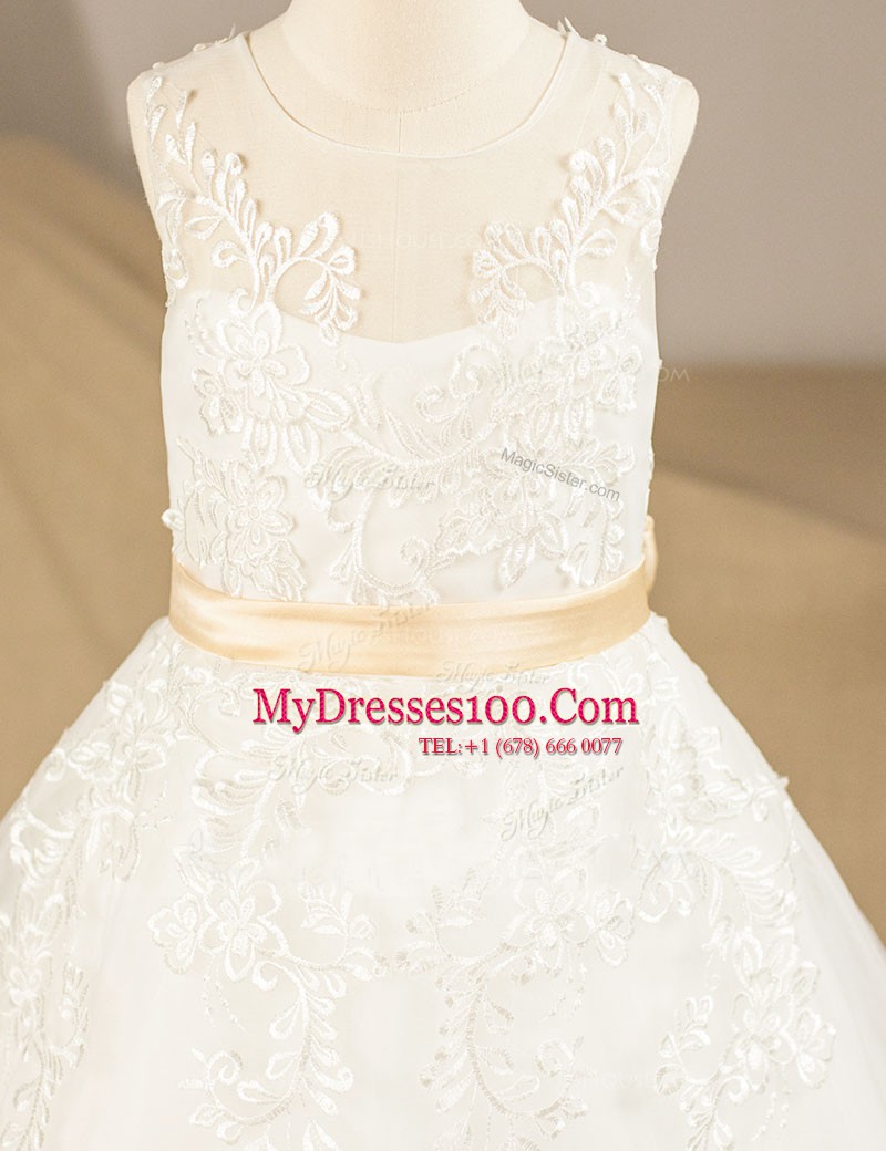 White Tulle Zipper Scoop Sleeveless Floor Length Flower Girl Dresses for Less Lace and Sashes ribbons