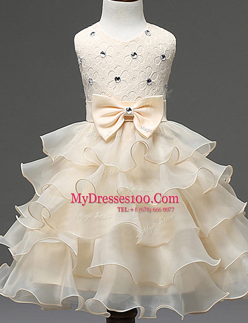 Sophisticated Ruffled Mini Length Champagne Flower Girl Dresses Scoop Sleeveless Zipper