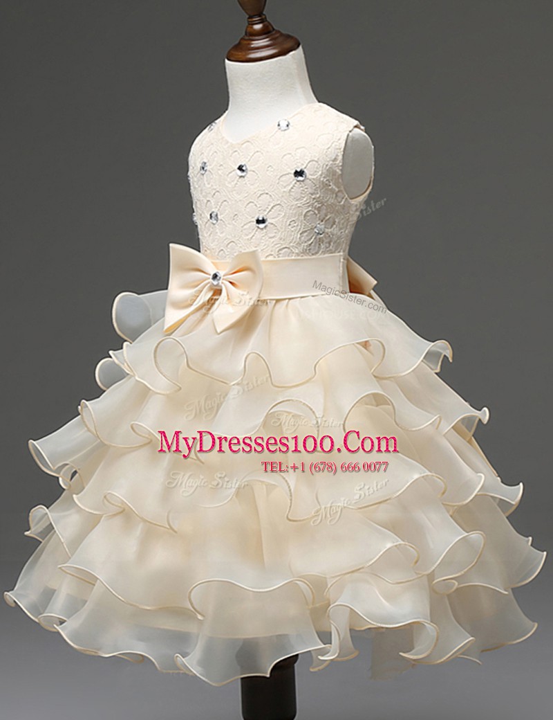 Sophisticated Ruffled Mini Length Champagne Flower Girl Dresses Scoop Sleeveless Zipper