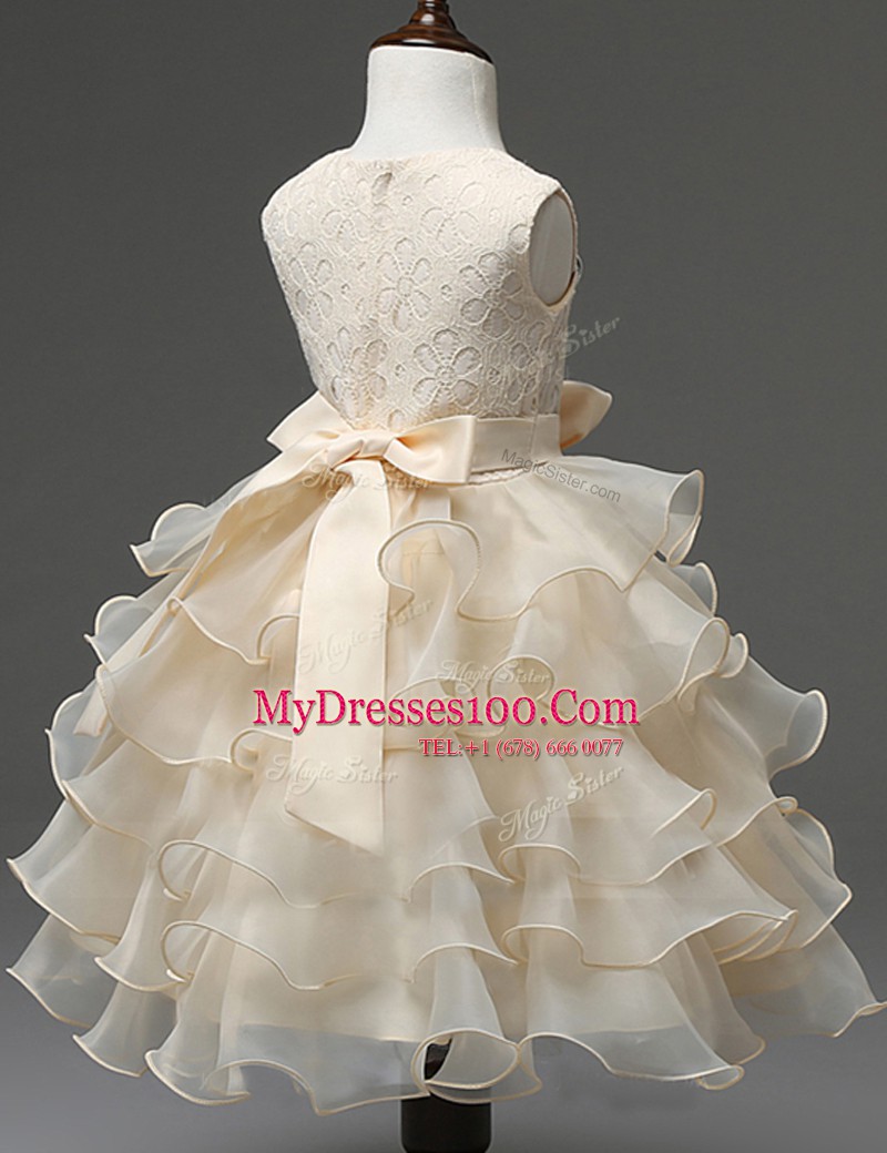 Sophisticated Ruffled Mini Length Champagne Flower Girl Dresses Scoop Sleeveless Zipper