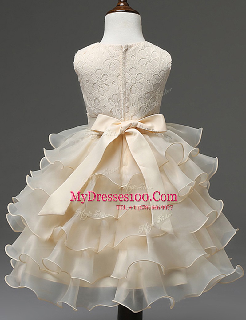 Sophisticated Ruffled Mini Length Champagne Flower Girl Dresses Scoop Sleeveless Zipper