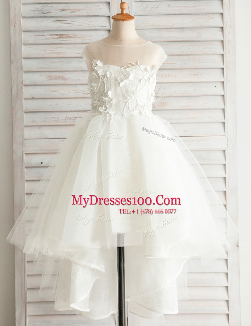 Charming White Flower Girl Dress Party and Wedding Party and For with Appliques Scoop Short Sleeves Zipper