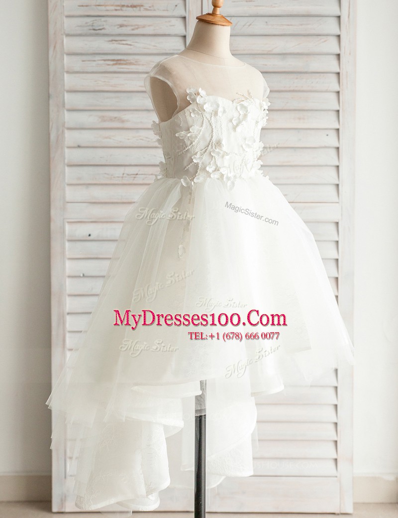 Charming White Flower Girl Dress Party and Wedding Party and For with Appliques Scoop Short Sleeves Zipper