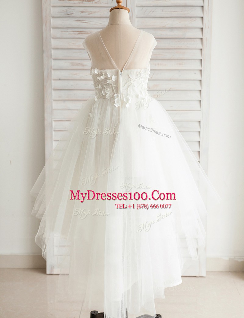 Charming White Flower Girl Dress Party and Wedding Party and For with Appliques Scoop Short Sleeves Zipper