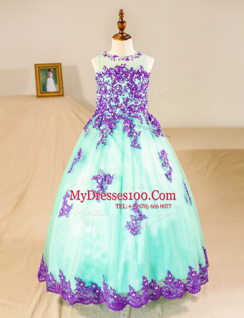 Fitting Scoop Turquoise A-line Beading and Lace and Appliques Flower Girl Dresses Zipper Tulle Sleeveless Floor Length