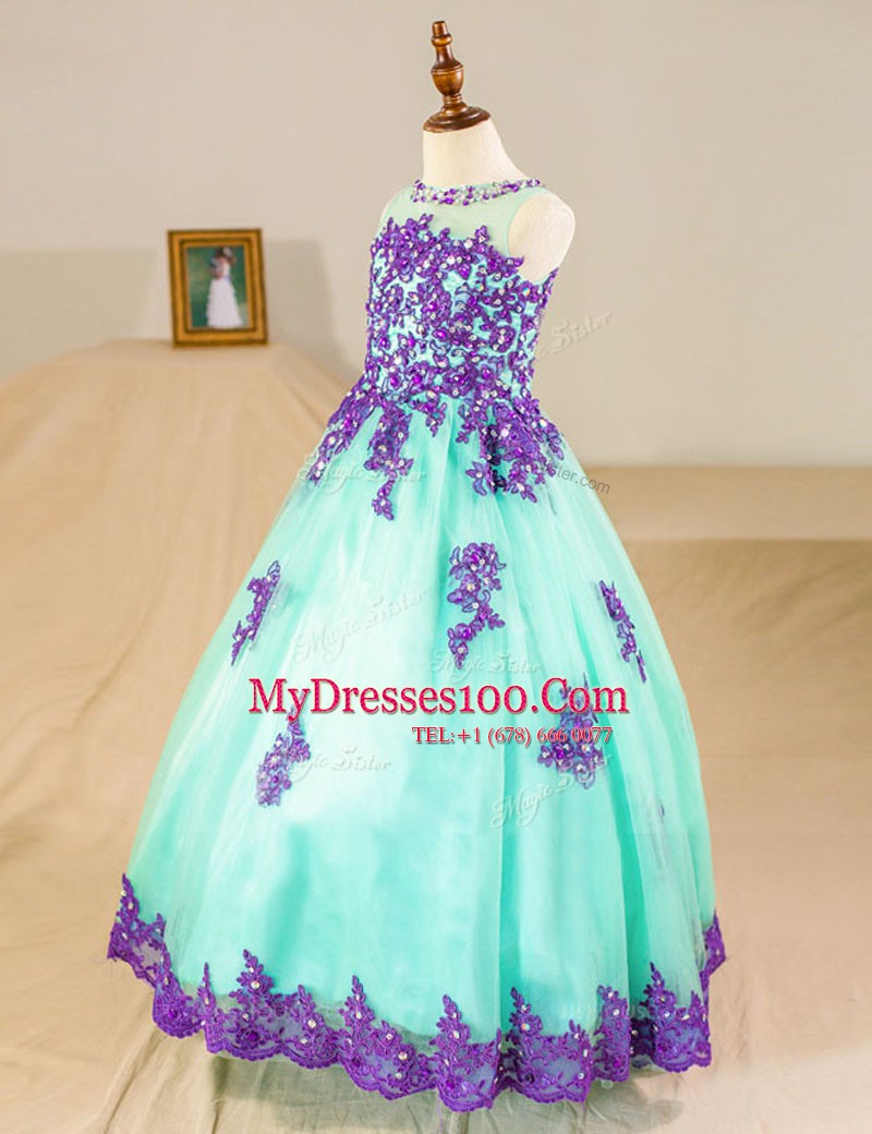 Fitting Scoop Turquoise A-line Beading and Lace and Appliques Flower Girl Dresses Zipper Tulle Sleeveless Floor Length