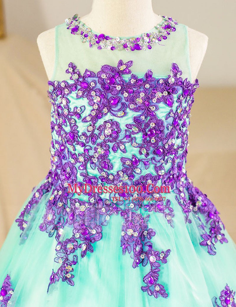 Fitting Scoop Turquoise A-line Beading and Lace and Appliques Flower Girl Dresses Zipper Tulle Sleeveless Floor Length