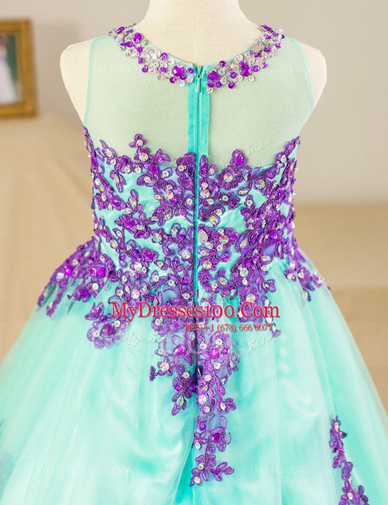 Fitting Scoop Turquoise A-line Beading and Lace and Appliques Flower Girl Dresses Zipper Tulle Sleeveless Floor Length