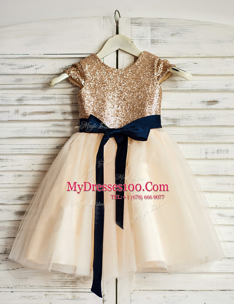 Edgy Scoop Sequins Mini Length A-line Sleeveless Champagne Flower Girl Dresses for Less Zipper