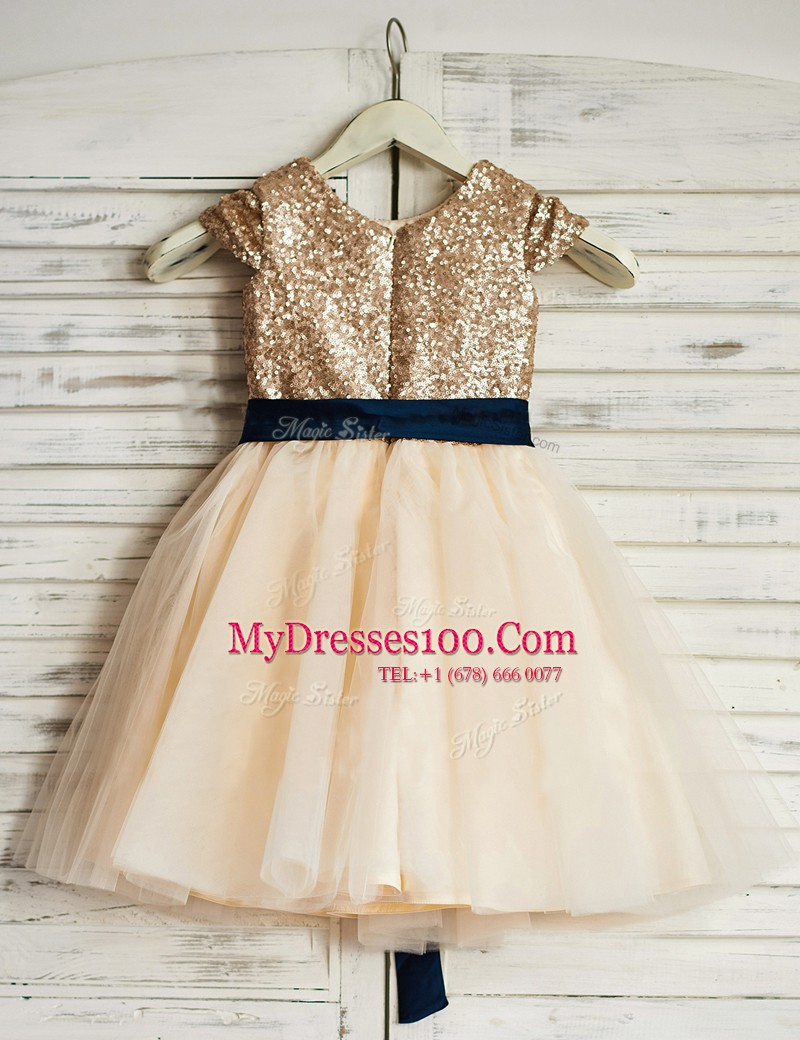 Edgy Scoop Sequins Mini Length A-line Sleeveless Champagne Flower Girl Dresses for Less Zipper